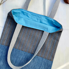 Load image into Gallery viewer, Tote bag. Luxurious blue and yellow striped wool with a blue cotton denim bottom.
