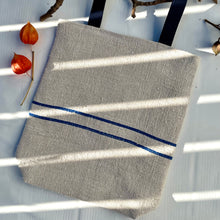 Load image into Gallery viewer, Tote bag. Vintage grain sack tote bag. Handwoven. Horizontal Blue stripe. 100% linen.
