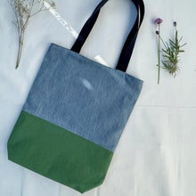 Load image into Gallery viewer, Tote bag. Light blue denim and green cotton canvas tote bag. Lined with a cherries pattern cotton fabric.
