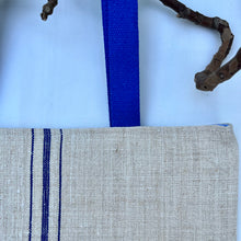 Load image into Gallery viewer, Tote bag. Vintage grain sack tote bag. Handwoven. Vertical blue stripes. Blue denim.
