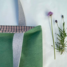 Load image into Gallery viewer, Tote bag. Green and red cotton canvas tote bag. Lined with a check cotton fabric.
