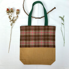 Load image into Gallery viewer, Tote bag. Beautiful check wool with a mustard yellow denim bottom.
