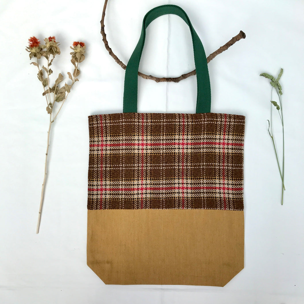 Tote bag. Beautiful check wool with a mustard yellow denim bottom.