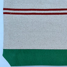 Load image into Gallery viewer, Tote bag. Heavyweight natural woven canvas with two horizontal dark red stripes. Green cotton canvas.
