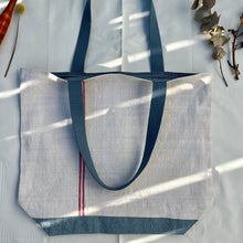 Load image into Gallery viewer, Tote Bag. Vintage French linen fabric with a light blue denim bottom.
