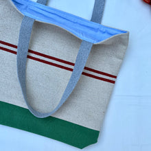Load image into Gallery viewer, Tote bag. Heavyweight natural woven canvas with two horizontal dark red stripes. Green cotton canvas.
