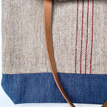 Load image into Gallery viewer, Tote bag. Vintage grain sack tote bag with leather straps. Vertical deep red stripes.
