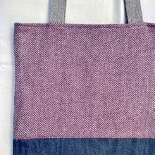 Load image into Gallery viewer, Tote bag. Pale mauve Herringbone pattern wool with a blue cotton denim bottom.
