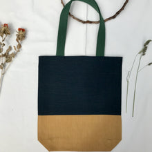 Load image into Gallery viewer, Tote bag. Vintage Japanese kimono fabric tote bag with a mustard yellow cotton denim bottom.
