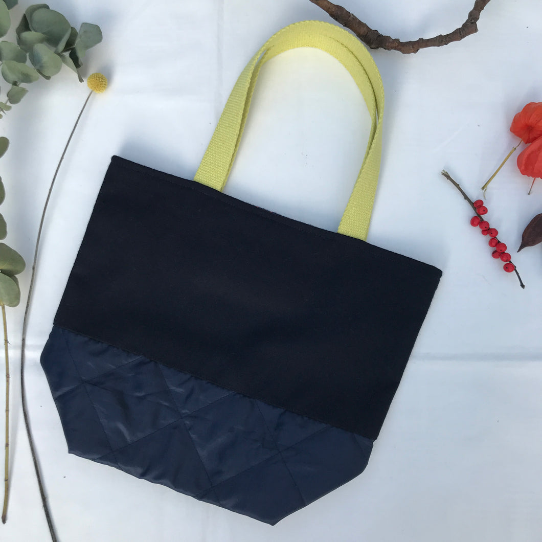 Handbag. Bag. Ex designer navy blue wool fabric and navy blue woven quilt fabric bag.