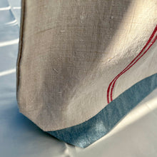 Load image into Gallery viewer, Tote Bag. Vintage French linen fabric with a light blue denim bottom.
