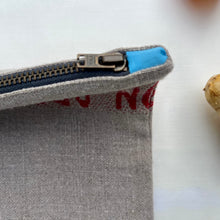 Load image into Gallery viewer, &quot;Bon appetit&quot; French linen and light blue denim fabric pouch.  Zippered purse. Zippered pouch. YKK metal zipper.
