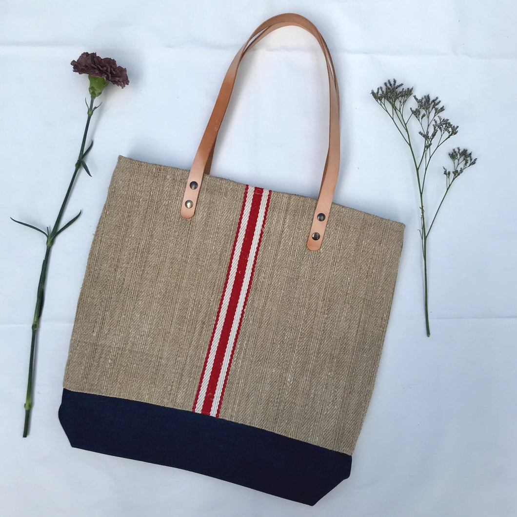 Tote bag. Vintage grain sack tote bag with brown leather straps. Handwoven. Vertical red and leather white stripes.