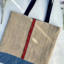 Load image into Gallery viewer, Tote bag. Vintage grain sack tote bag. Vertical green and red stripes.
