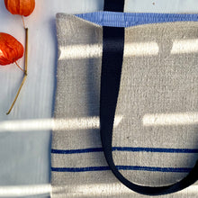 Load image into Gallery viewer, Tote bag. Vintage grain sack tote bag. Handwoven. Horizontal Blue stripe. 100% linen.
