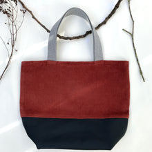 Load image into Gallery viewer, Handbag. Bag. Rust corduroy and navy blue leather bag.
