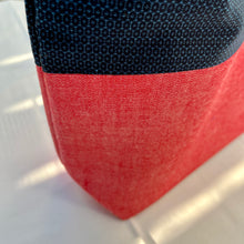 Load image into Gallery viewer, Tote bag. Vintage Japanese kimono fabric tote bag with a red bonded cotton denim bottom.
