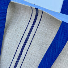 Load image into Gallery viewer, Tote bag. Vintage grain sack tote bag. Handwoven. Vertical blue stripes. Blue denim.
