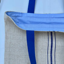 Load image into Gallery viewer, Tote bag. Vintage grain sack tote bag. Handwoven. Vertical blue stripes. Blue denim.
