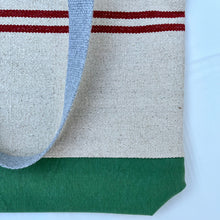 Load image into Gallery viewer, Tote bag. Heavyweight natural woven canvas with two horizontal dark red stripes. Green cotton canvas.
