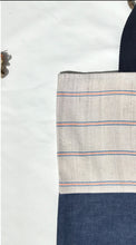 Load image into Gallery viewer, Tote bag. Vintage Hmong hemp fabric from Thailand with neon pink and blue denim stripes and a blue denim bottom.
