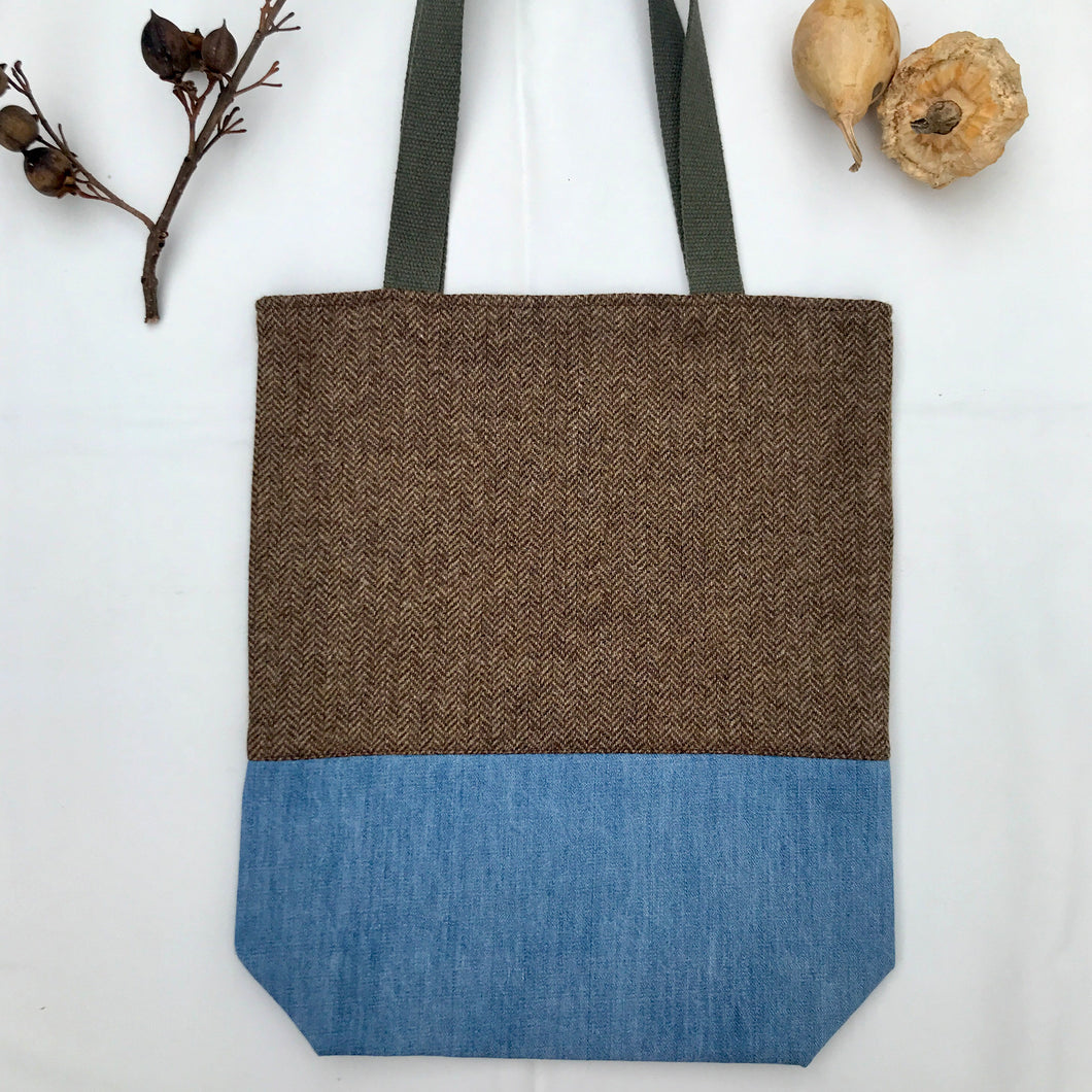 Tote bag. Brown Herringbone pattern wool with a light blue denim bottom.