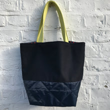 Load image into Gallery viewer, Handbag. Bag. Ex designer navy blue wool fabric and navy blue woven quilt fabric bag.
