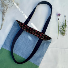 Load image into Gallery viewer, Tote bag. Light blue denim and green cotton canvas tote bag. Lined with a cherries pattern cotton fabric.
