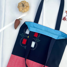 Load image into Gallery viewer, Tote bag. Vintage Japanese kimono fabric with a red bonded denim bottom.

