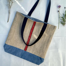 Load image into Gallery viewer, Tote bag. Vintage grain sack tote bag. Vertical green and red stripes.
