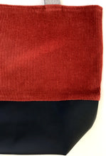 Load image into Gallery viewer, Handbag. Bag. Rust corduroy and navy blue leather bag.
