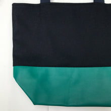 Load image into Gallery viewer, Handbag. Bag. Ex-designer navy blue wool fabric and green leather bag.
