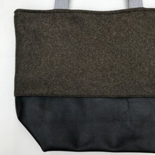 Load image into Gallery viewer, Handbag. Bag. Ex-designer olive green wool fabric and soft black leather handbag.
