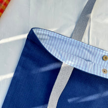 Load image into Gallery viewer, XL Tote bag. Blue cobalt corduroy and blue cotton denim tote bag.
