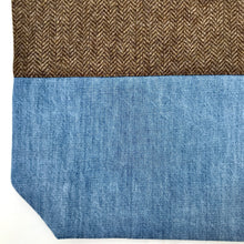 Load image into Gallery viewer, Tote bag. Brown Herringbone pattern wool with a light blue denim bottom.
