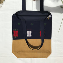 Load image into Gallery viewer, Tote bag. Vintage Japanese kimono fabric with a yellow mustard denim bottom.
