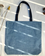 Load image into Gallery viewer, Tote bag. Vintage grain sack and light blue denim tote bag.  A two-fabric tote bag.
