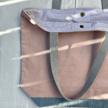 Load image into Gallery viewer, XL Tote bag. Dusty pink corduroy and light blue cotton denim tote bag.
