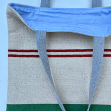 Load image into Gallery viewer, Tote bag. Heavyweight natural woven canvas with two horizontal dark red stripes. Green cotton canvas.
