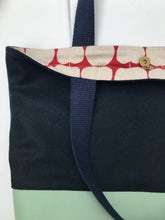 Load image into Gallery viewer, Handbag. Bag. Ex designer navy blue wool fabric and light mint green leather bag.
