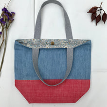 Load image into Gallery viewer, Handbag. Light blue denim and red denim handbag.
