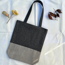 Load image into Gallery viewer, Tote bag. Grey Herringbone pattern wool with a grey washed cotton canvas bottom.
