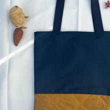 Load image into Gallery viewer, Tote bag. Vintage Japanese kimono fabric with a golden yellow woven quilt bottom.
