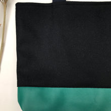 Load image into Gallery viewer, Handbag. Bag. Ex-designer navy blue wool fabric and green leather bag.
