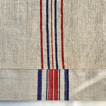 Load image into Gallery viewer, Tote bag. Vintage grain sack tote bag with leather straps. Vertical deep red stripes.
