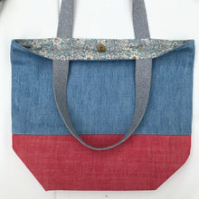 Load image into Gallery viewer, Handbag. Light blue denim and red denim handbag.
