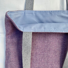 Load image into Gallery viewer, Tote bag. Pale mauve Herringbone pattern wool with a blue cotton denim bottom.
