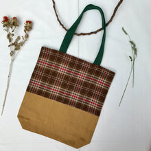 Load image into Gallery viewer, Tote bag. Beautiful check wool with a mustard yellow denim bottom.

