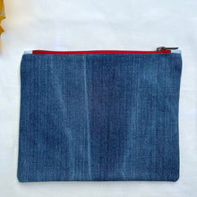 Load image into Gallery viewer, Vintage French linen tea towel fabric and blue denim pouch. 2-fabric pouch with YKK zip. Zippered purse. Zippered pouch.
