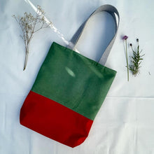 Load image into Gallery viewer, Tote bag. Green and red cotton canvas tote bag. Lined with a check cotton fabric.
